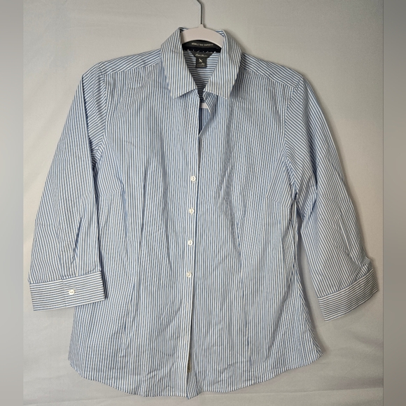 Eddie Bauer Tops - Eddie Bauer Light Blue Striped Button Down Shirt Wrinkle Free Shape Fit S Petite